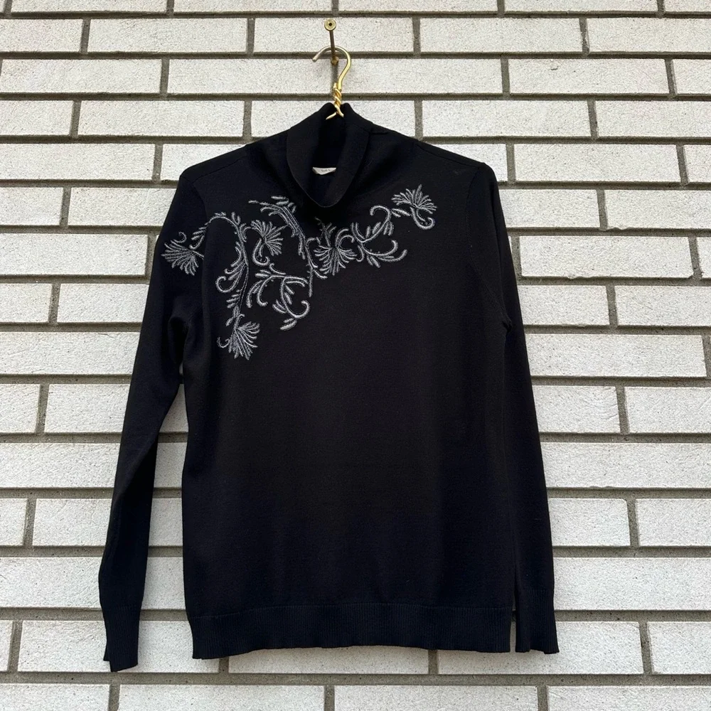NWT Soft Surroundings Black Embroidered Turtleneck Sweater Metallic Floral Knit